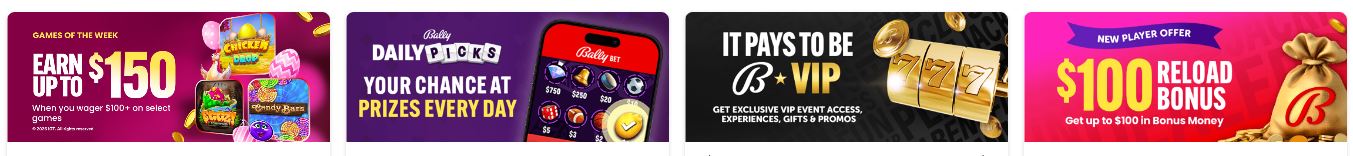 Claim available bonuses including $150 Games of the Week reward and $100 Reload Bonus
