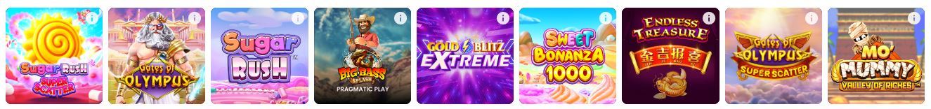 Spin popular slots like Sugar Rush, Gates of Olympus and Sweet Bonanza at the casino